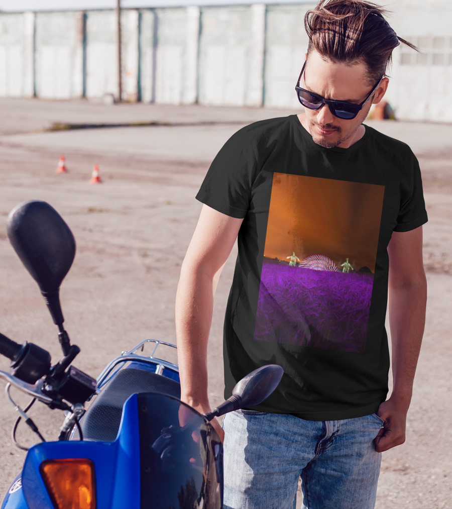 Crop Circle Creators Light Show In Purple Wheat Field Under Fiery Sky T-Shirt