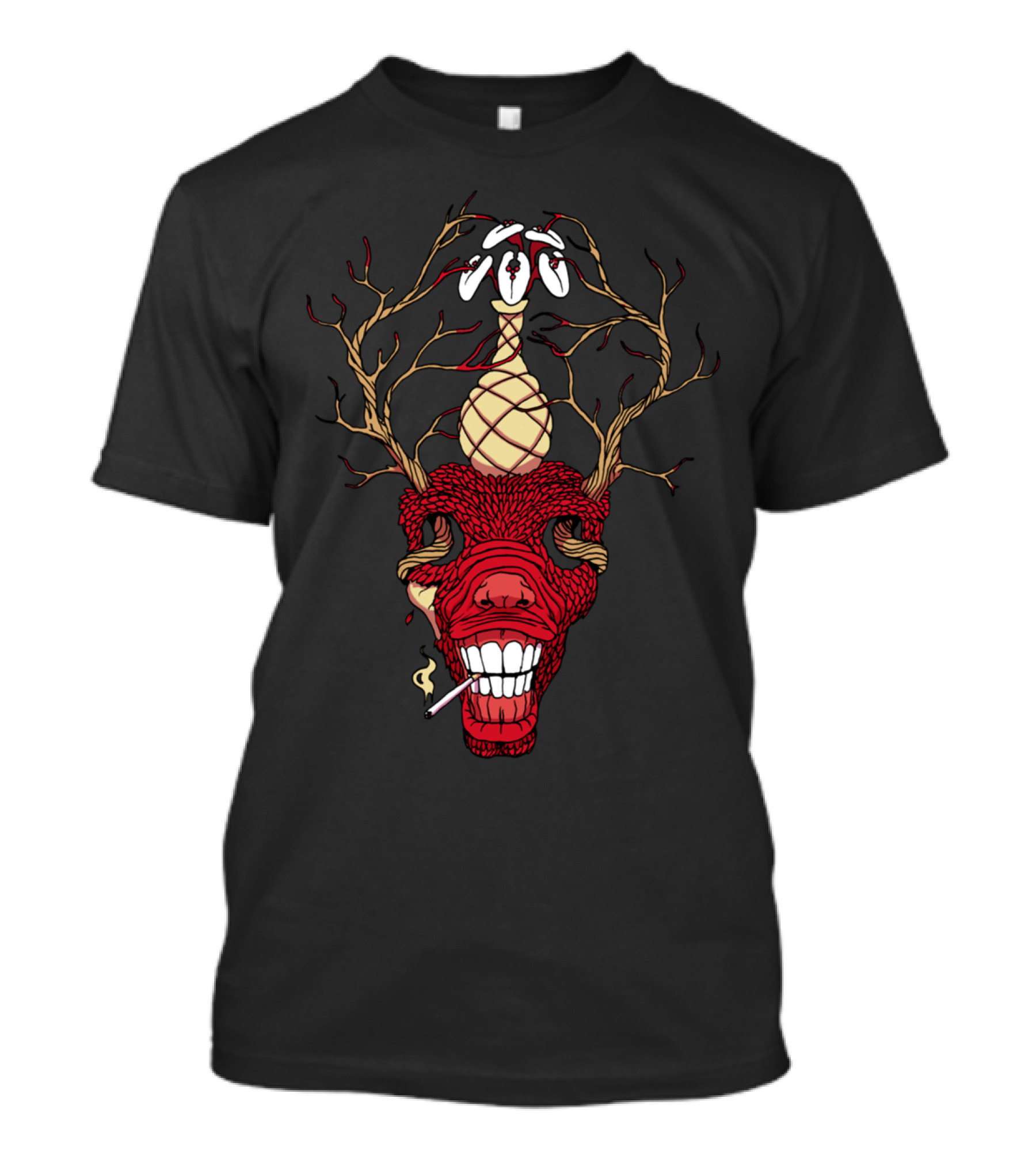 Cross Pollination Surreal Smiling Red Skull With Antlers Smoking T-Shirt