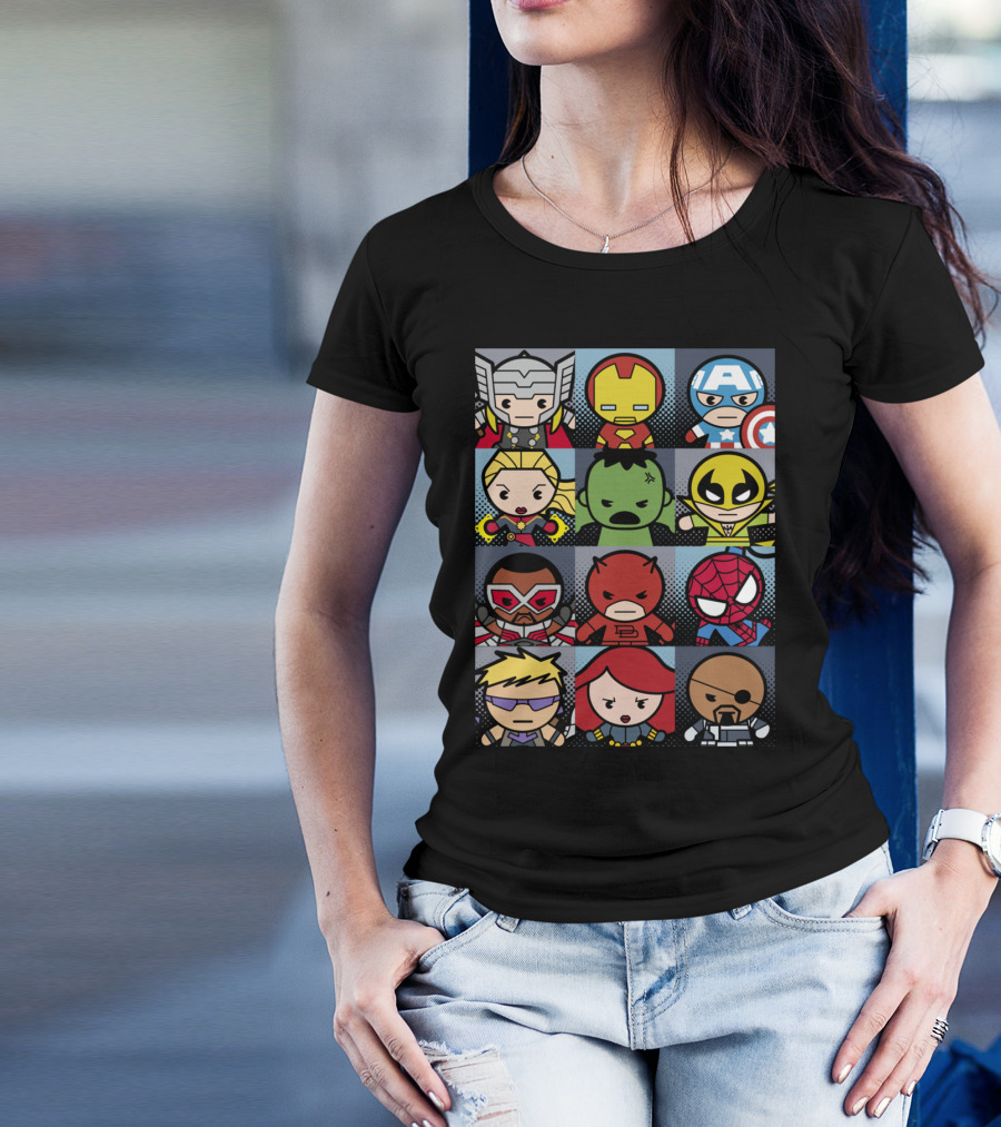 Chibi Avengers Thor Iron Man Captain America Hulk Wolverine Falcon Daredevil Spider-Man Hawkeye Black Widow Nick Fury T-Shirt