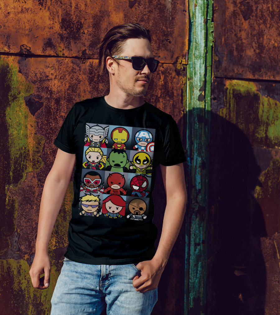 Chibi Avengers Thor Iron Man Captain America Hulk Wolverine Falcon Daredevil Spider-Man Hawkeye Black Widow Nick Fury T-Shirt