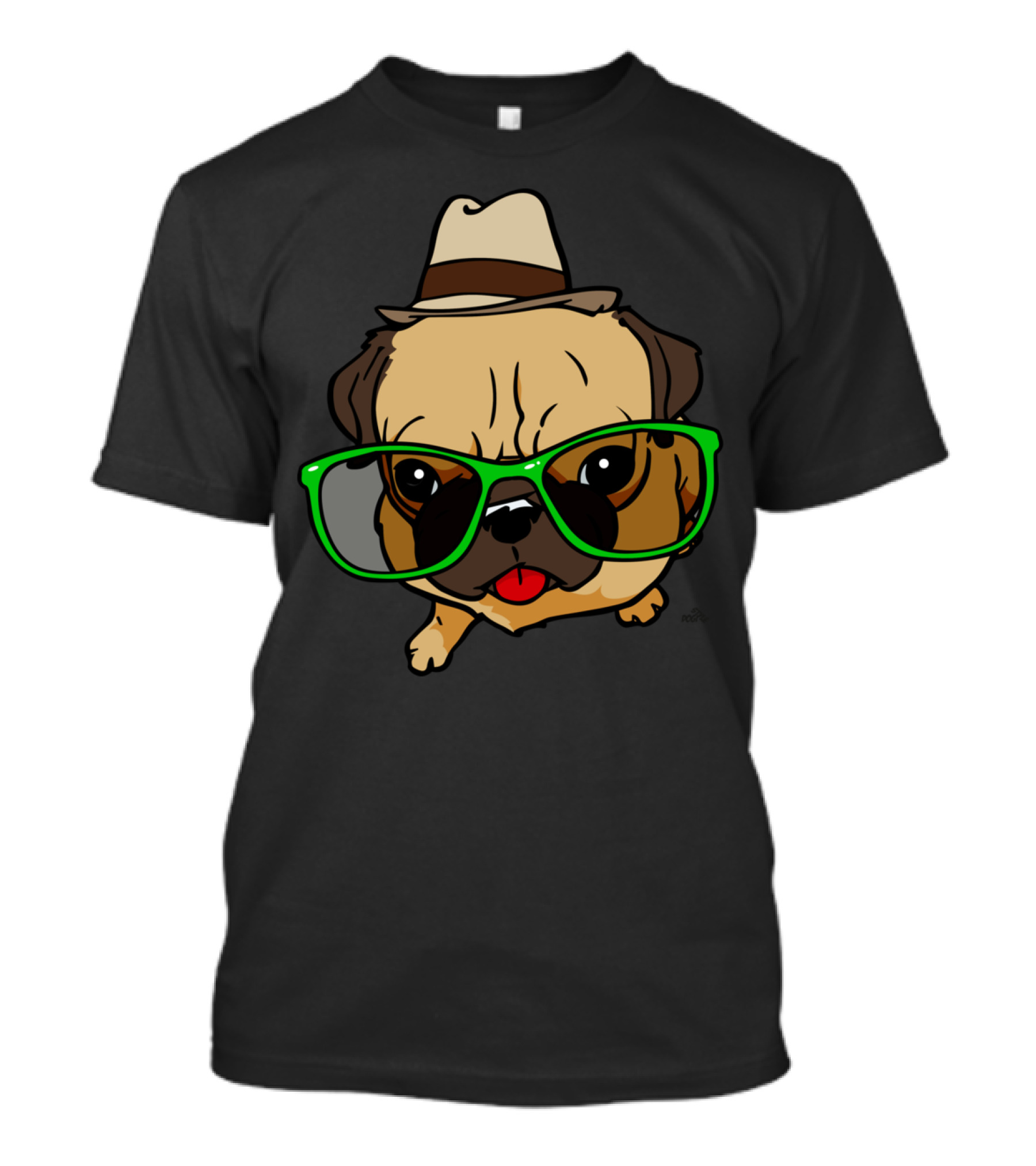 Cartoon Hipster Pug Dog With Green Glasses And Fedora T-Shirt