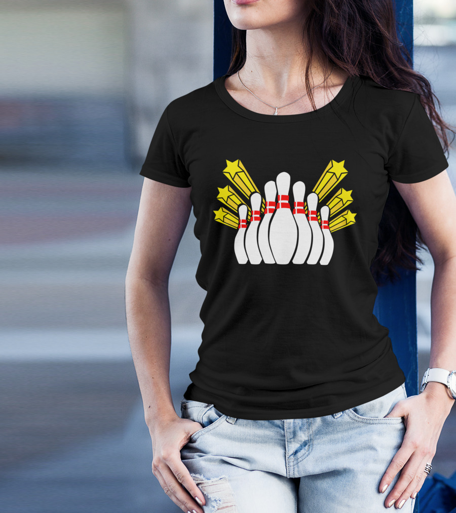 Bowling Pins And Striking Stars Burst T-Shirt