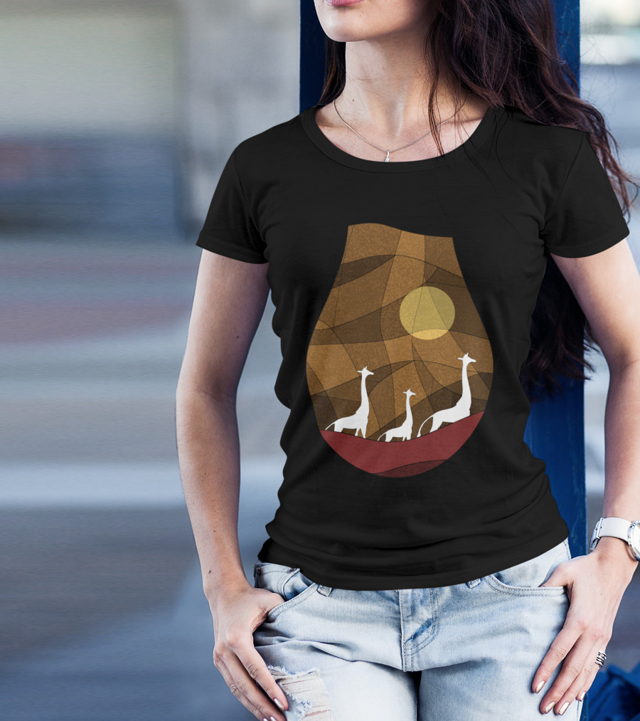 Warm Giraffe Family Stained Glass Style With Sunset T-Shirt