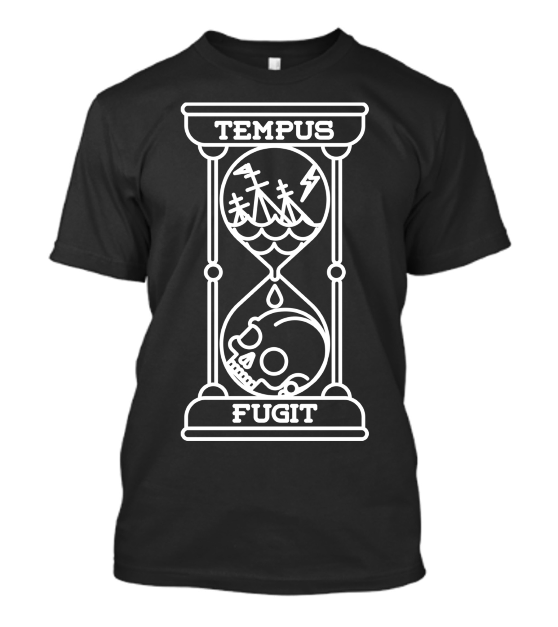 Tempus Fugit Hourglass Ship Skull T-Shirt