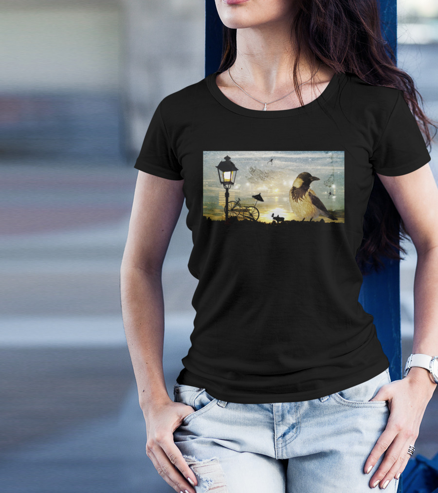 Crow Stardust Night Sky Scene Bicycle Lantern T-Shirt