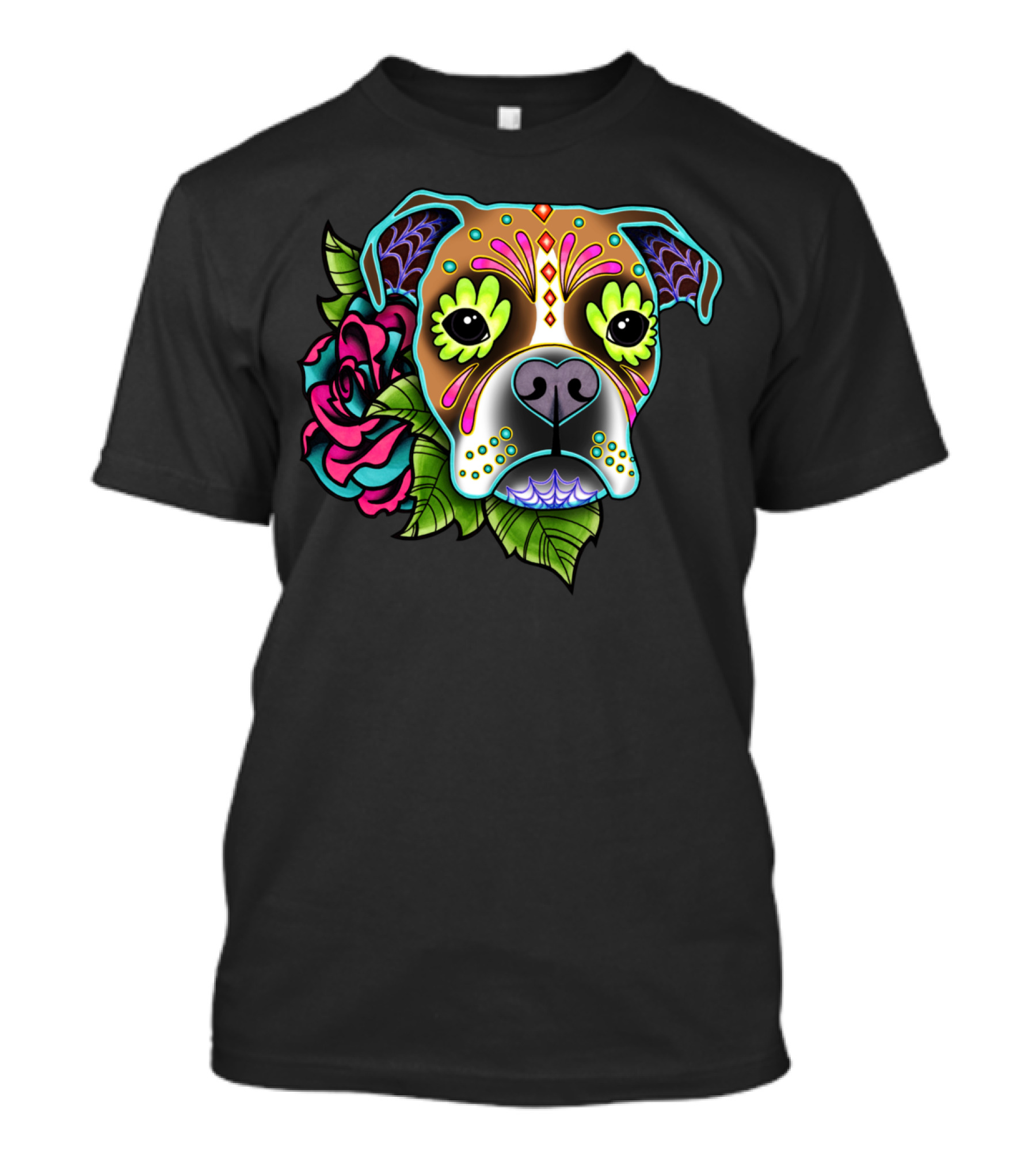Boxer Dog Sugar Skull Day Of The Dead With Colorful Flowers T-Shirt