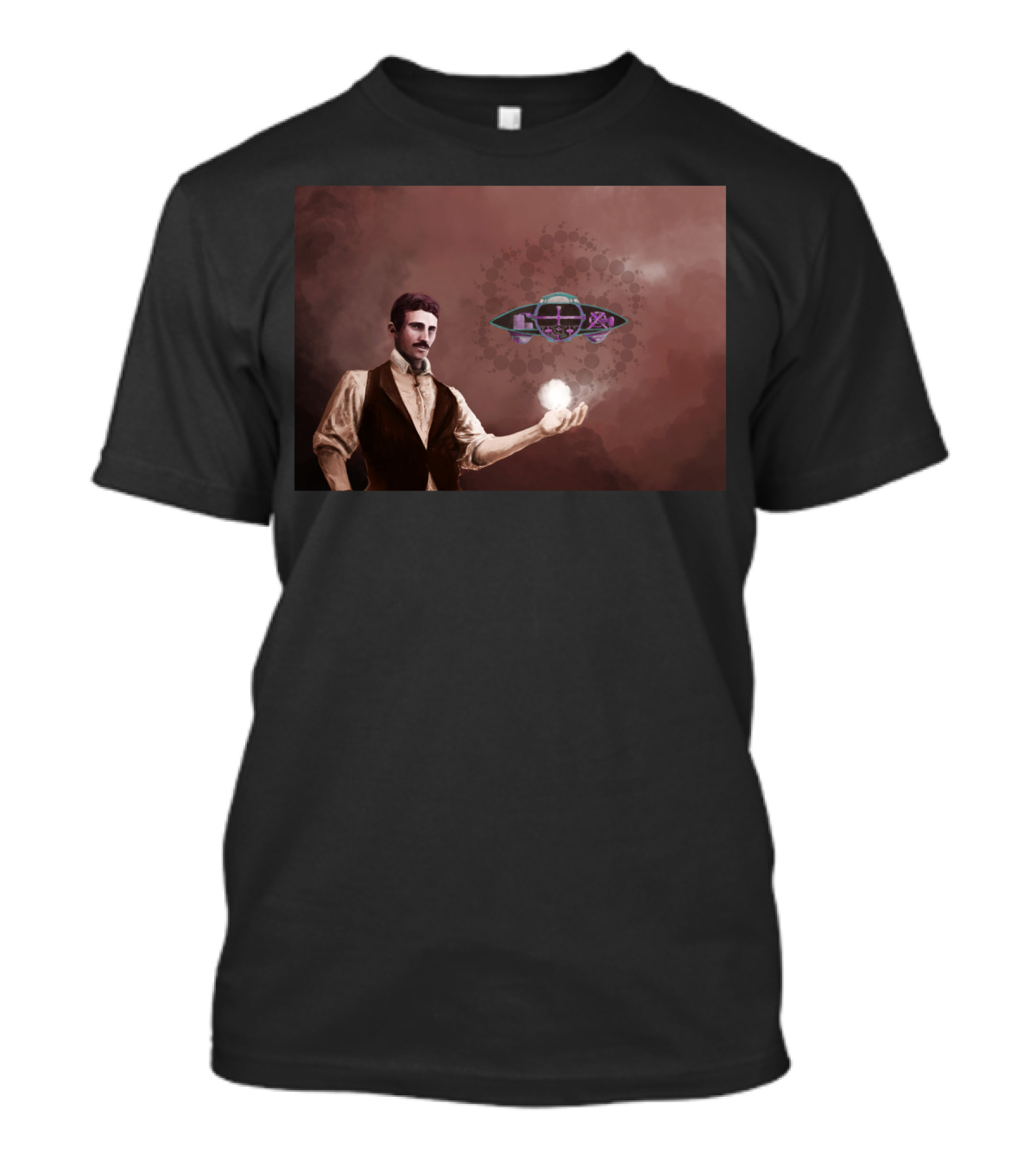 Tesla Holding Light With Alien Spaceship In Background T-Shirt