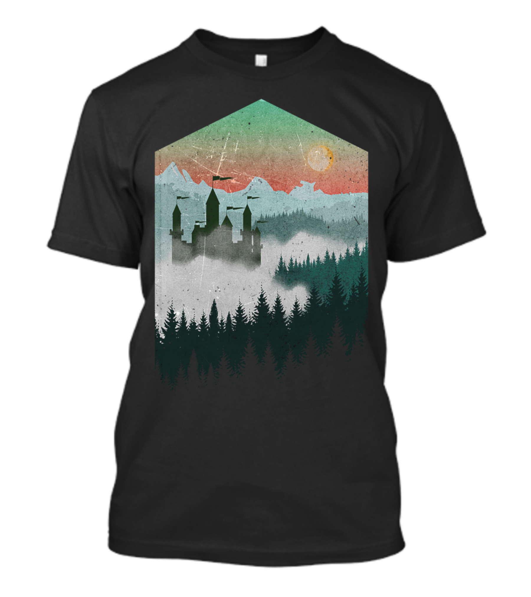 Faraway Land Mountain Castle Misty Forest Sunset T-Shirt