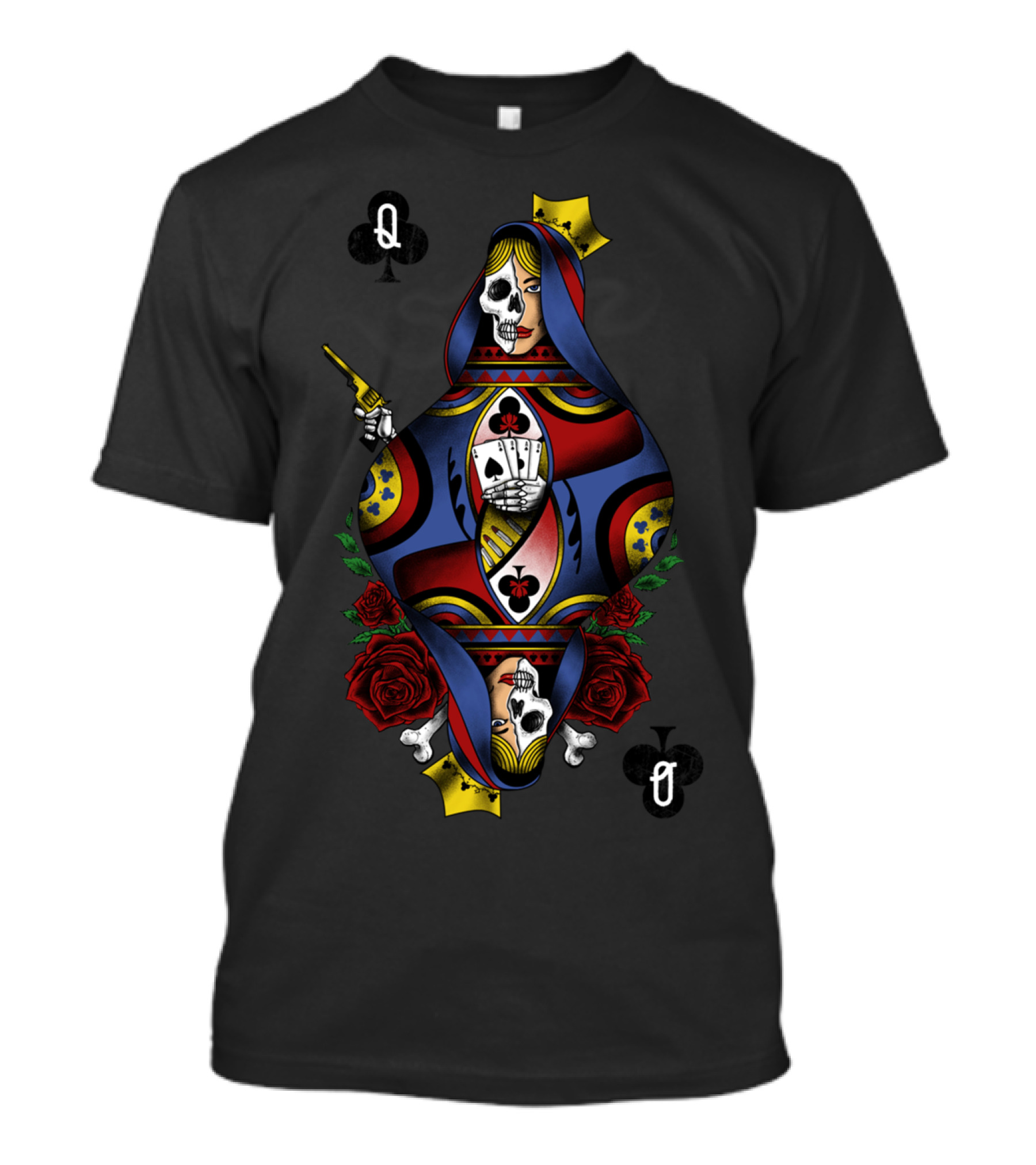Gambling Queen Skull Card With Roses And Clubs T-Shirt