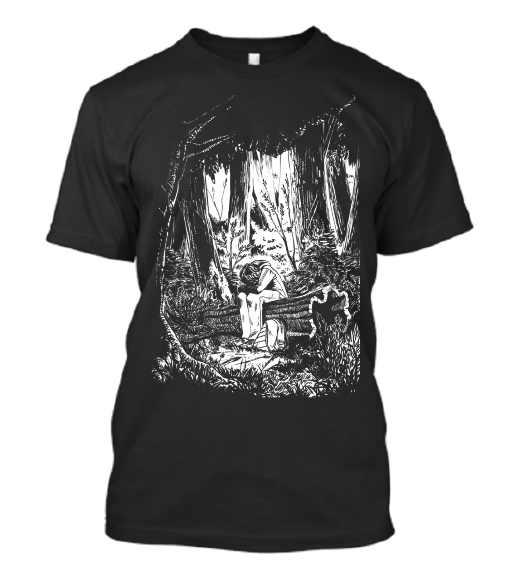 Boy Sitting Alone In A Mysterious Forest T-Shirt