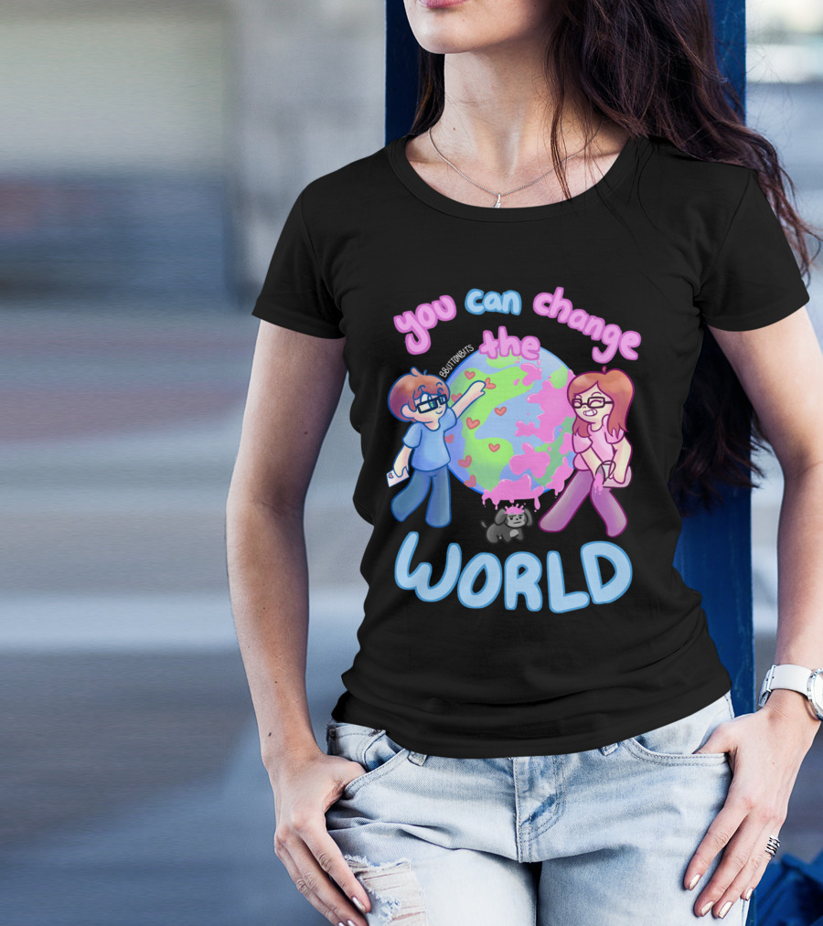 You Can Change The World Cute Cartoon Characters Painting Earth With Hearts T-Shirt