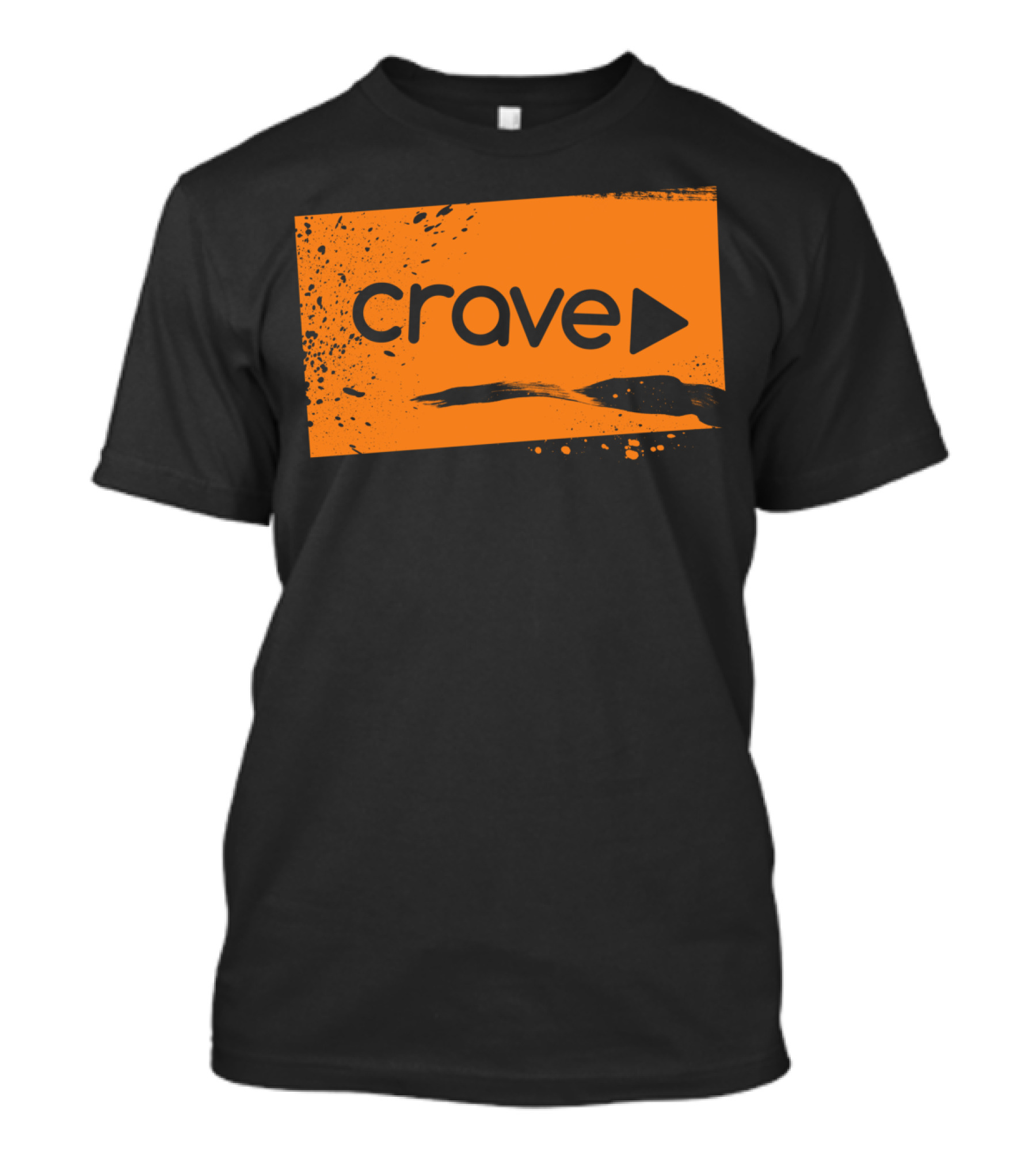 Crave Logo With Play Symbol On Orange Abstract Background T-Shirt