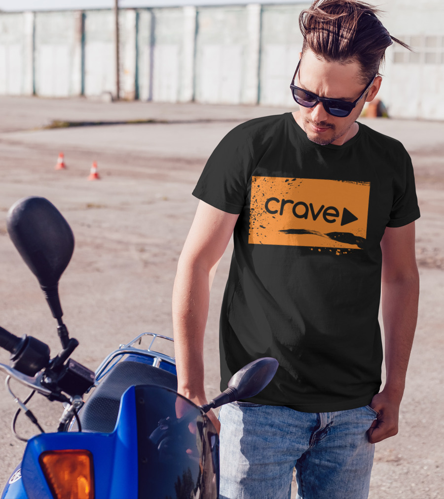Crave Logo With Play Symbol On Orange Abstract Background T-Shirt