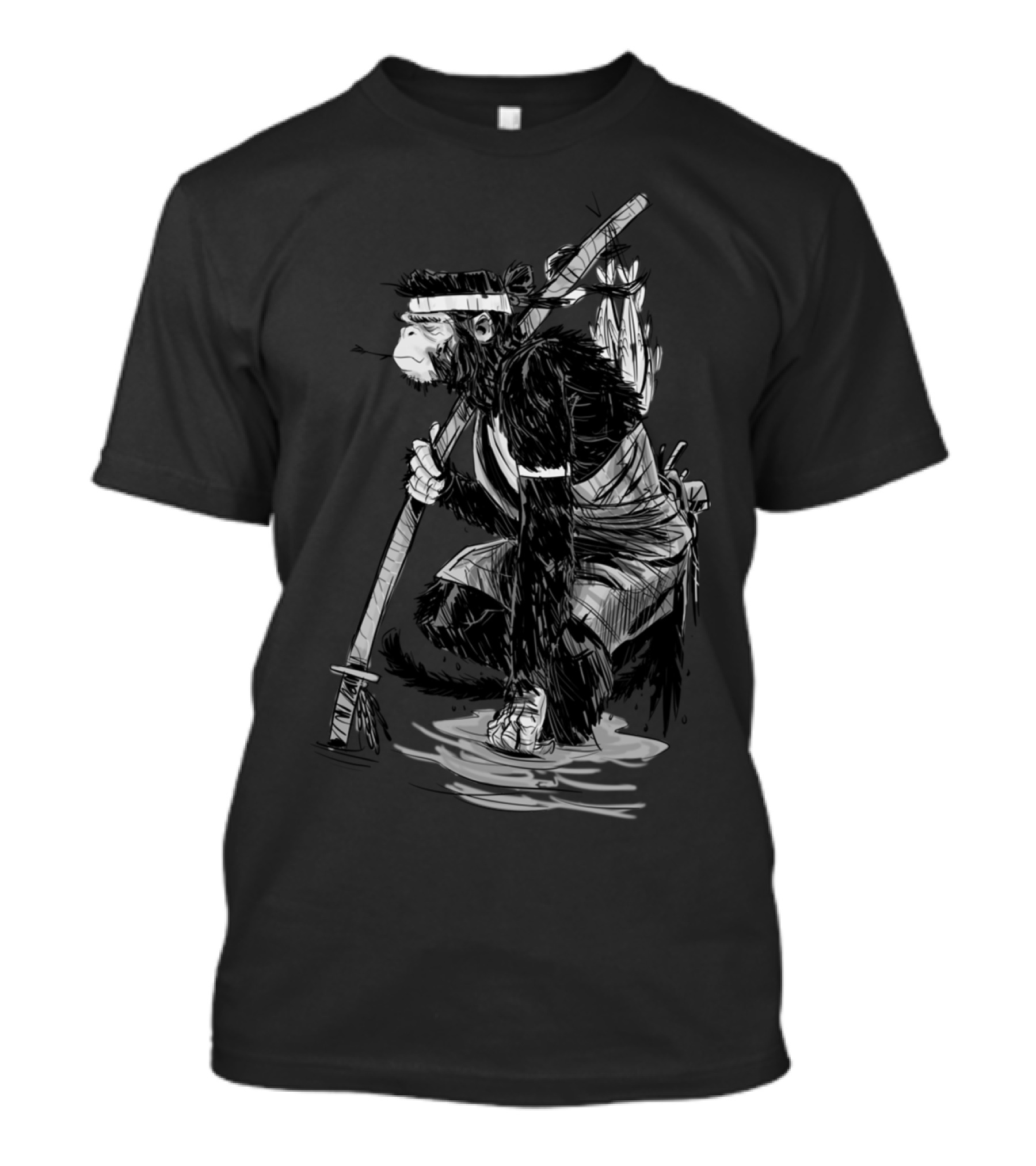 Samurai Monkey Warrior With Katana And Headband T-Shirt