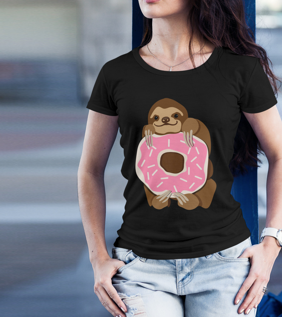 Sloth Holding Pink Frosted Donut T-Shirt