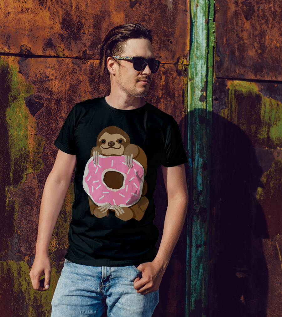 Sloth Holding Pink Frosted Donut T-Shirt