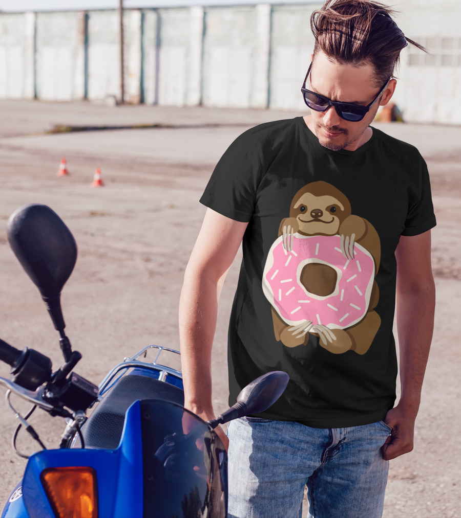 Sloth Holding Pink Frosted Donut T-Shirt