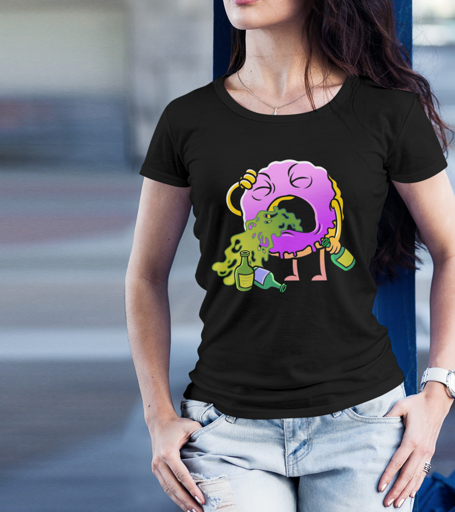 Donut Drinking Booze Vomit Cartoon T-Shirt