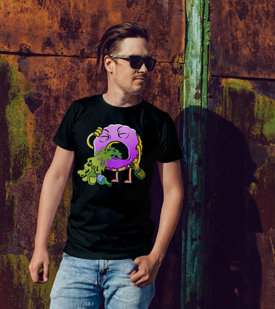 Donut Drinking Booze Vomit Cartoon T-Shirt