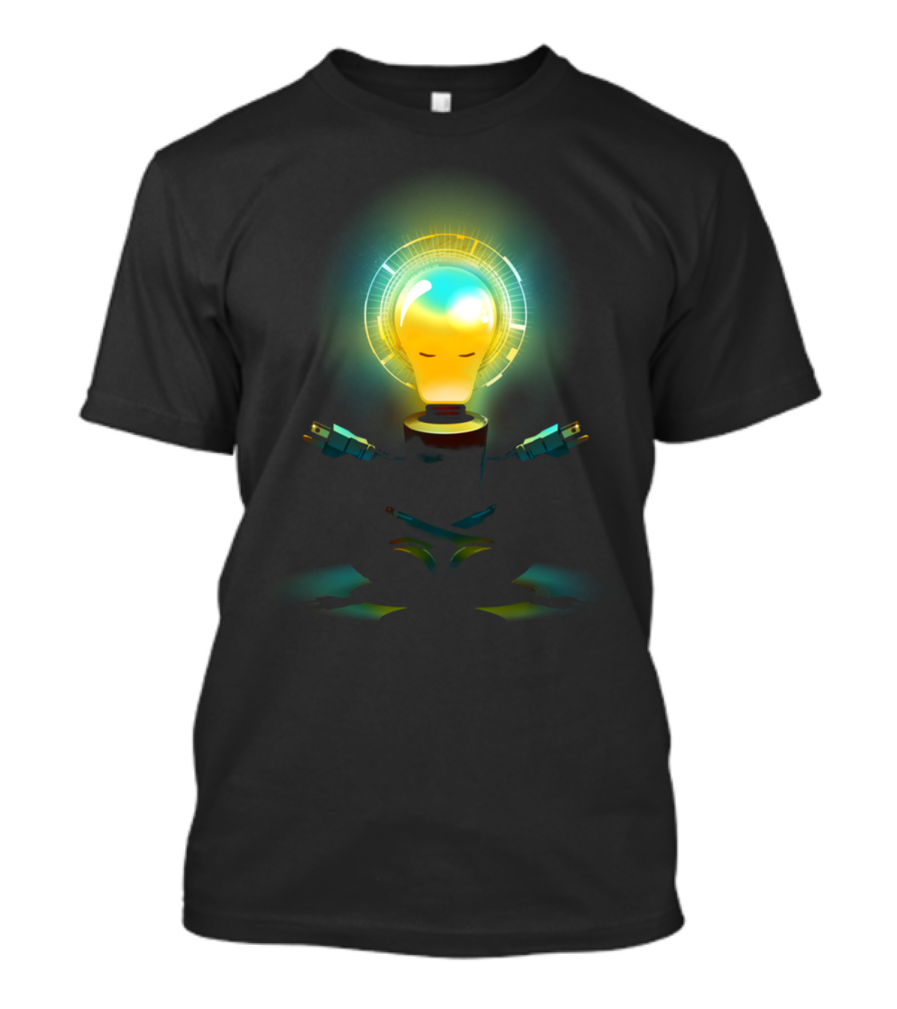 Zenergy Enlightened Lightbulb Meditating With Glowing Aura And Plug Hands T-Shirt