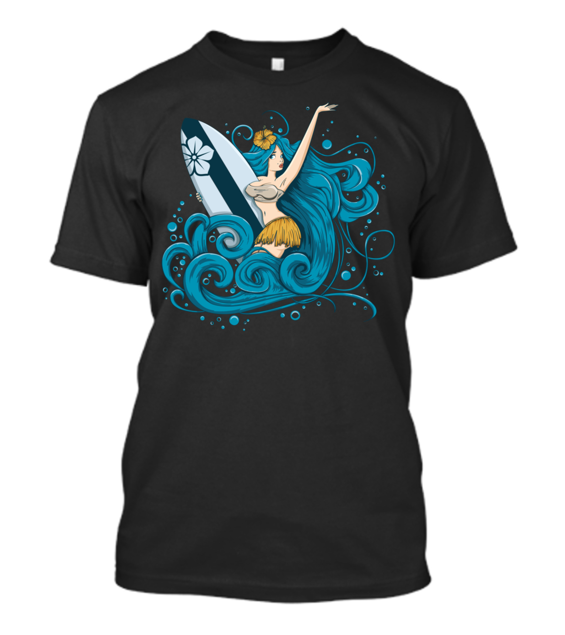 Fatal Wave Hula Surfer And Flowing Blue Hair T-Shirt