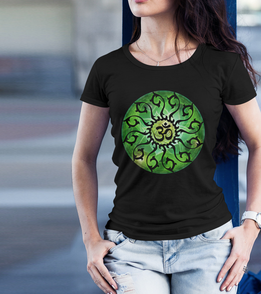 Om Symbol With Green Spiral Vines Circle T-Shirt