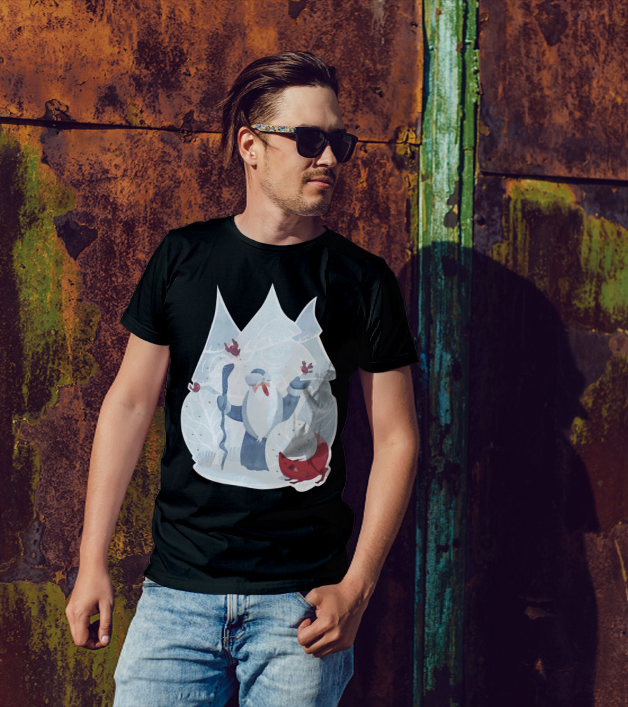 Father Frost Winter Scene With Fox And Birds T-Shirt