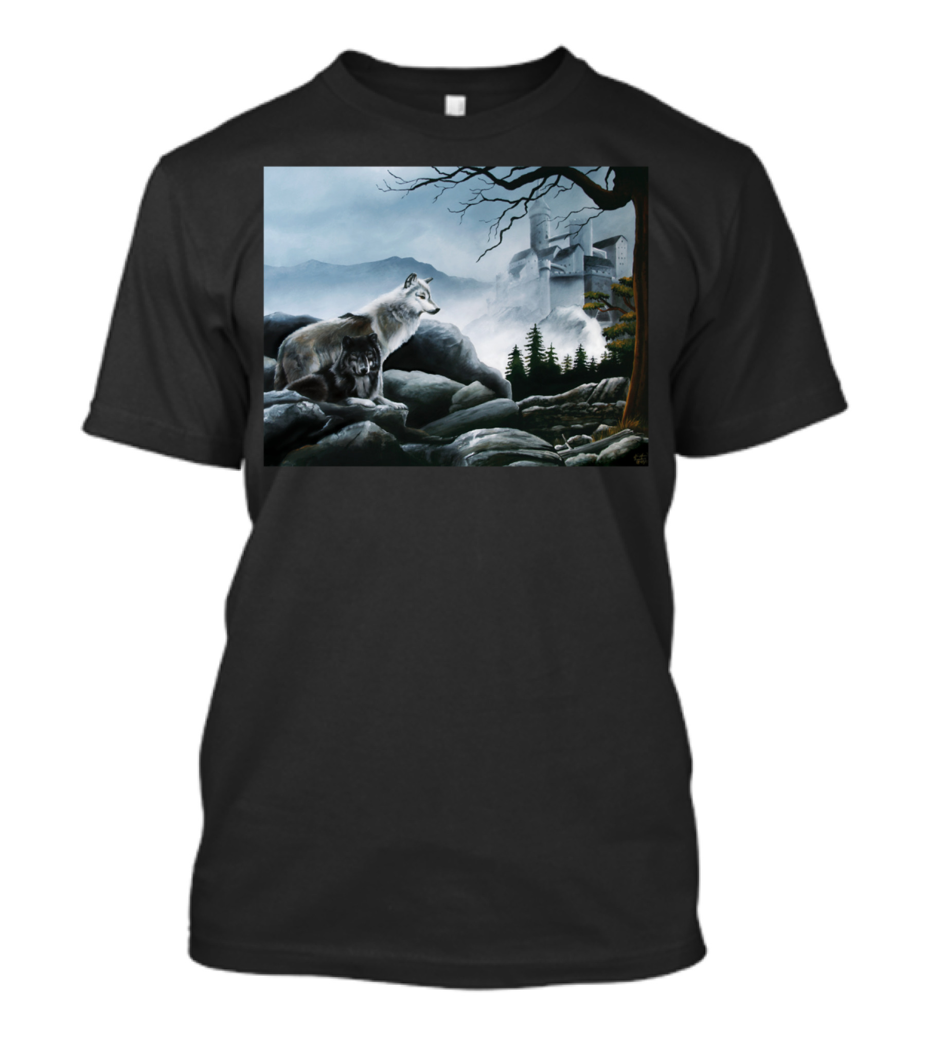 Castle Guards Wolf Duo In Misty Fortress Landscape T-Shirt
