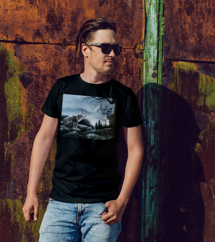 Castle Guards Wolf Duo In Misty Fortress Landscape T-Shirt