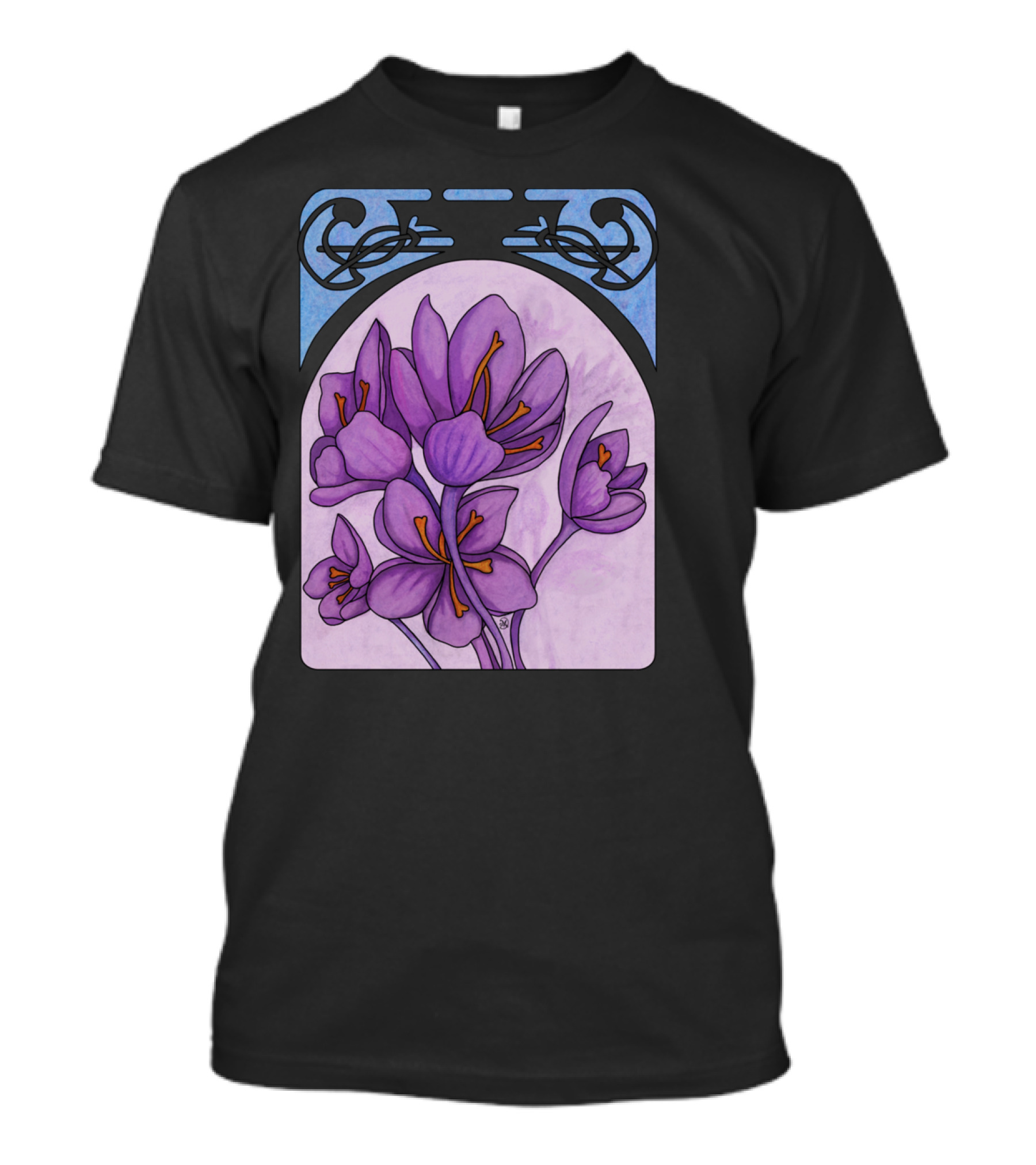 Art Nouveau Saffron Crocus Purple Flowers In Decorative Frame T-Shirt