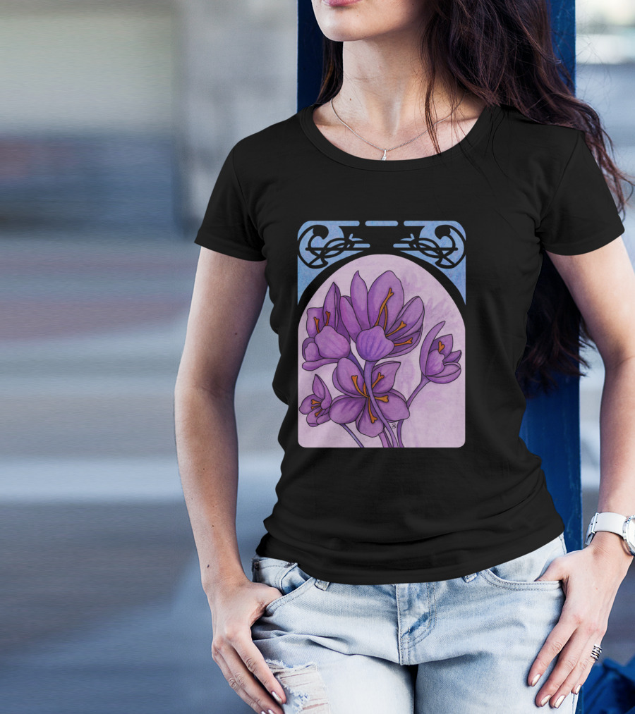 Art Nouveau Saffron Crocus Purple Flowers In Decorative Frame T-Shirt