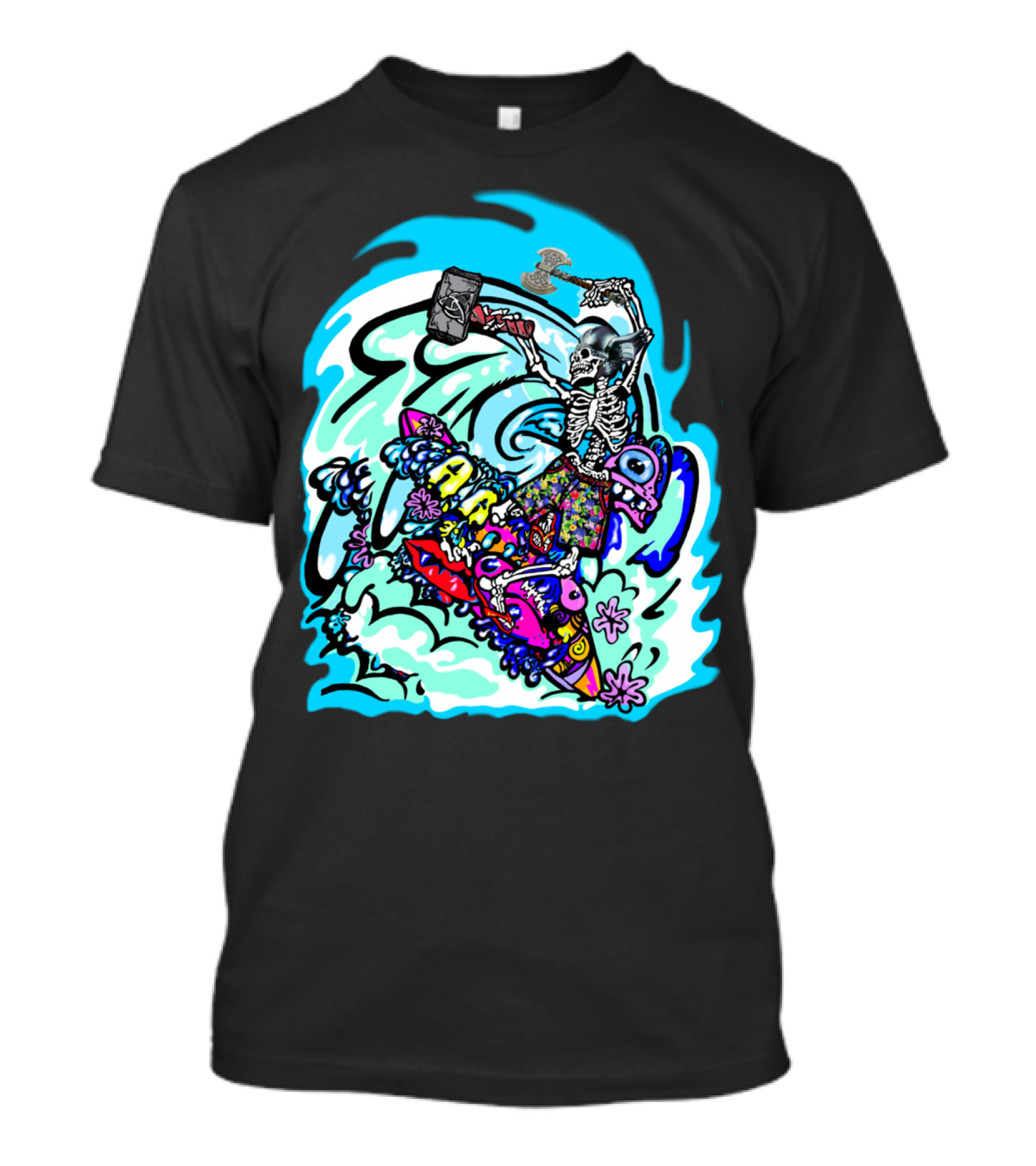Zombie Skeleton Riding Surf Wave With Hammer On Colorful Shark Board T-Shirt