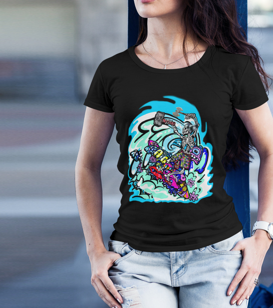 Zombie Skeleton Riding Surf Wave With Hammer On Colorful Shark Board T-Shirt