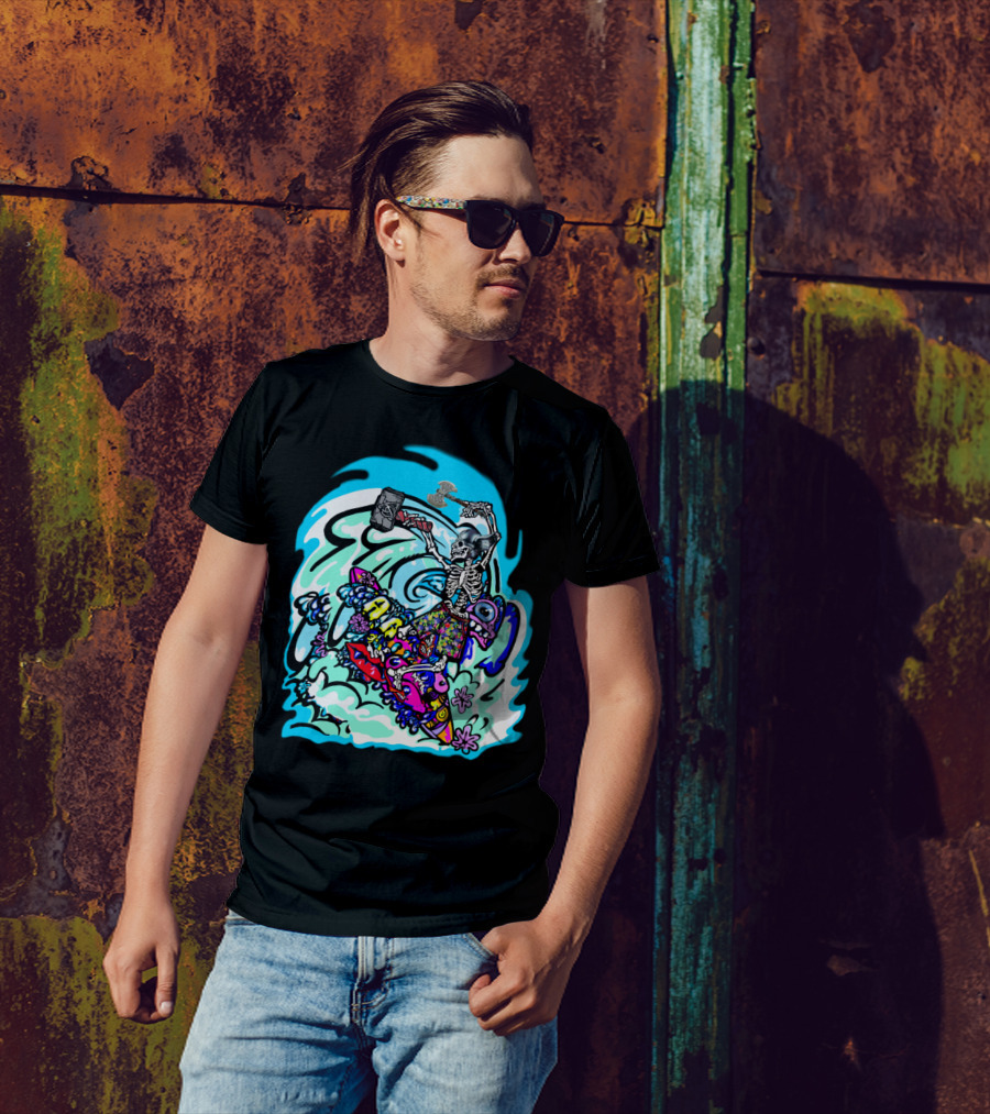 Zombie Skeleton Riding Surf Wave With Hammer On Colorful Shark Board T-Shirt