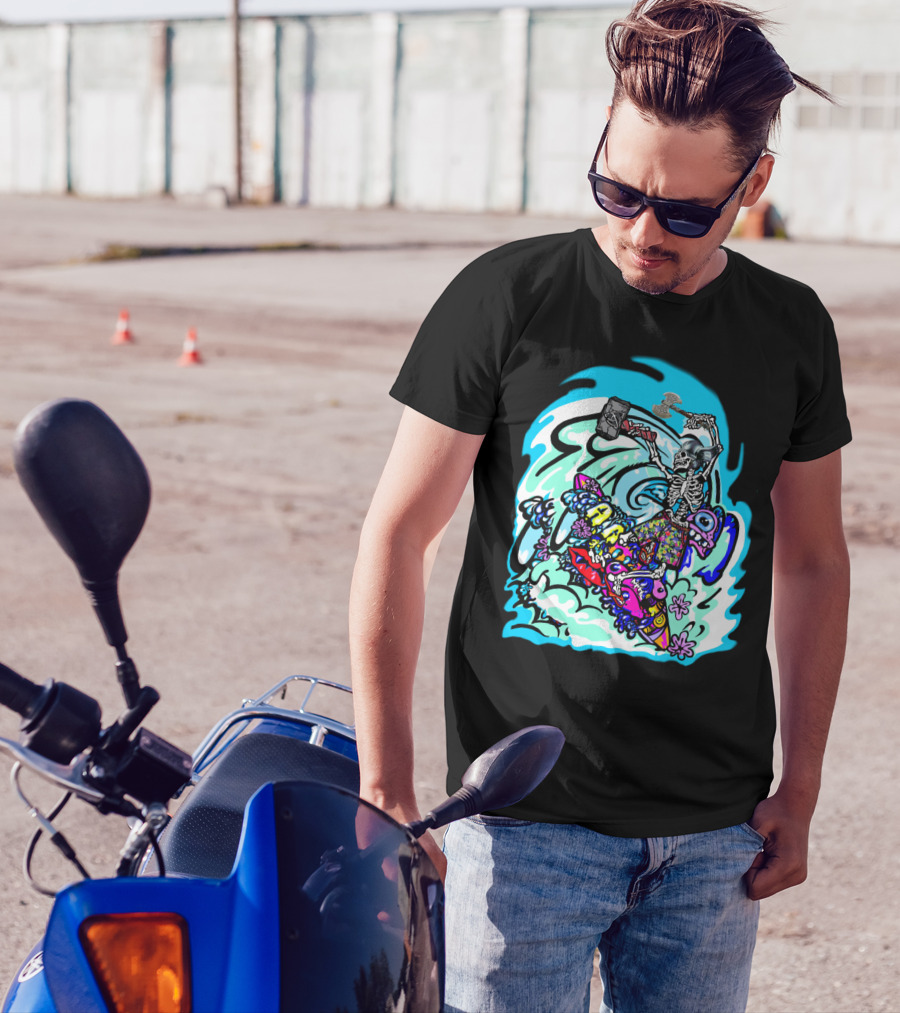 Zombie Skeleton Riding Surf Wave With Hammer On Colorful Shark Board T-Shirt