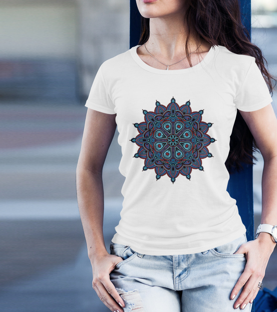 Doodle Mandala Red Blue Intricate Symmetrical T-Shirt