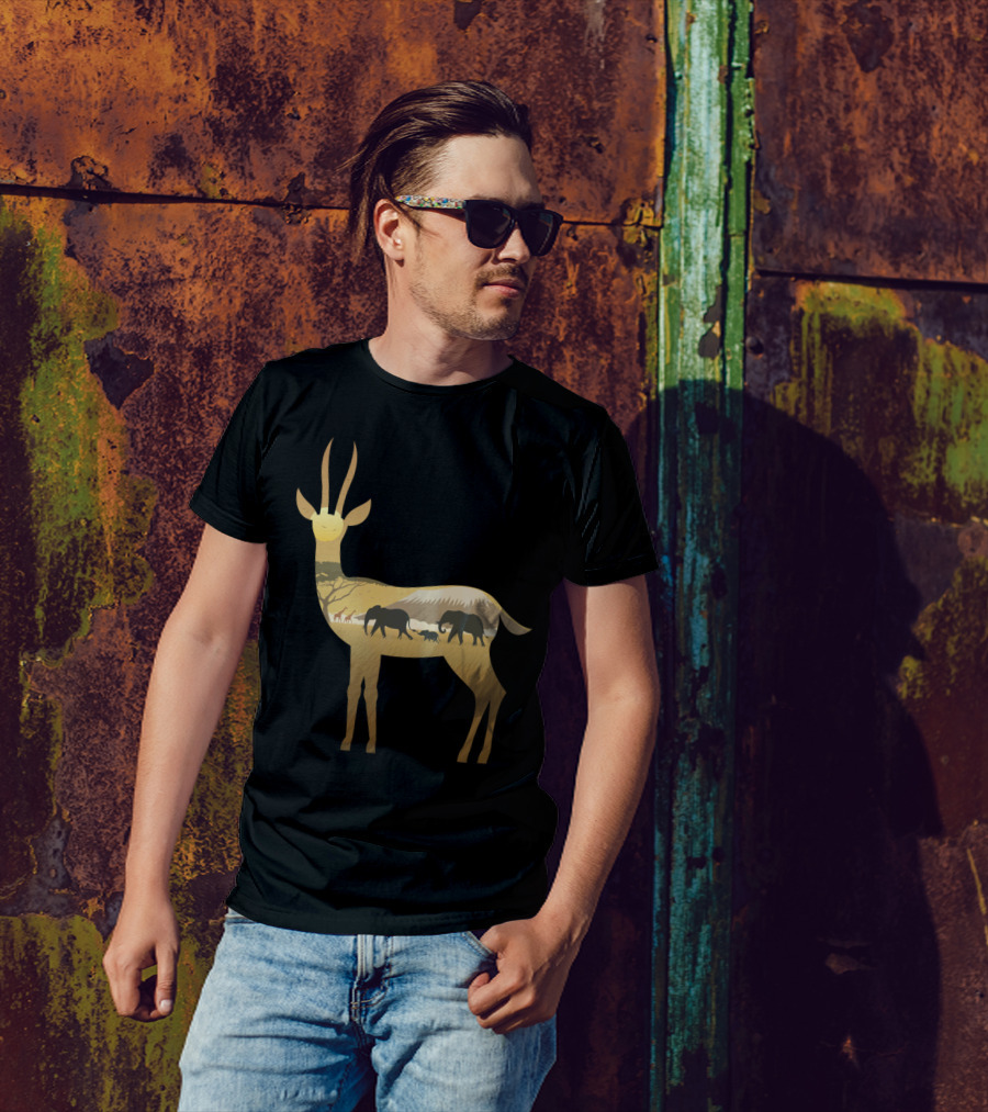 Gazelle Landscape With Elephants And Savanna Scene T-Shirt