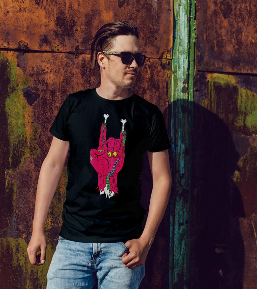 Zombie RAWK Undead Rock Hand Symbol With Bones And Stitches T-Shirt