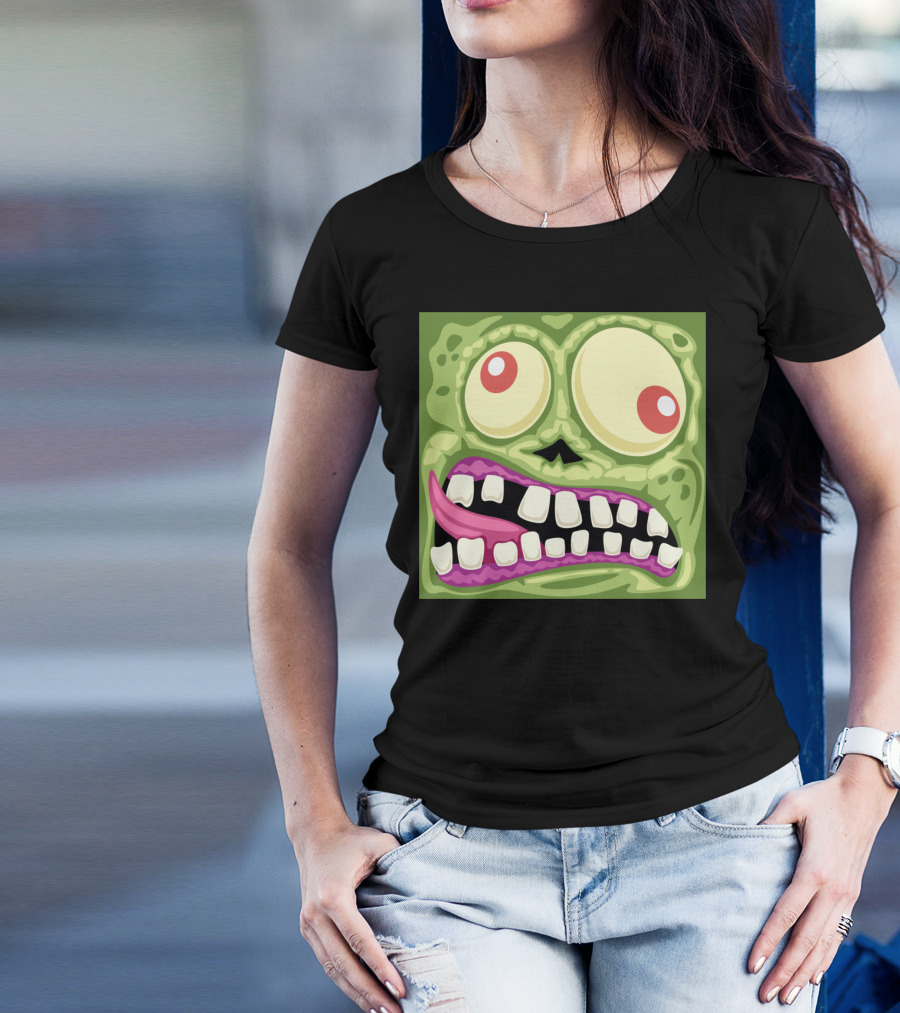 Zombie Cartoon Face With Bulging Eyes And Crooked Smile T-Shirt