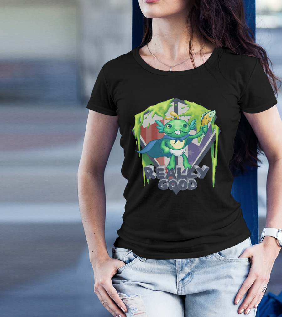 Zugrug Murky Really Good Alien Creature Holding Fish With Green Slime And Superhero Cape T-Shirt