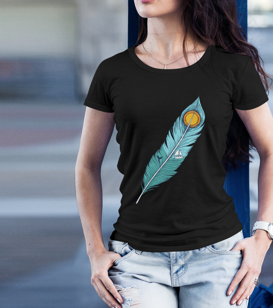 Feather Landscape Sunset Sailboat Ocean Scene T-Shirt