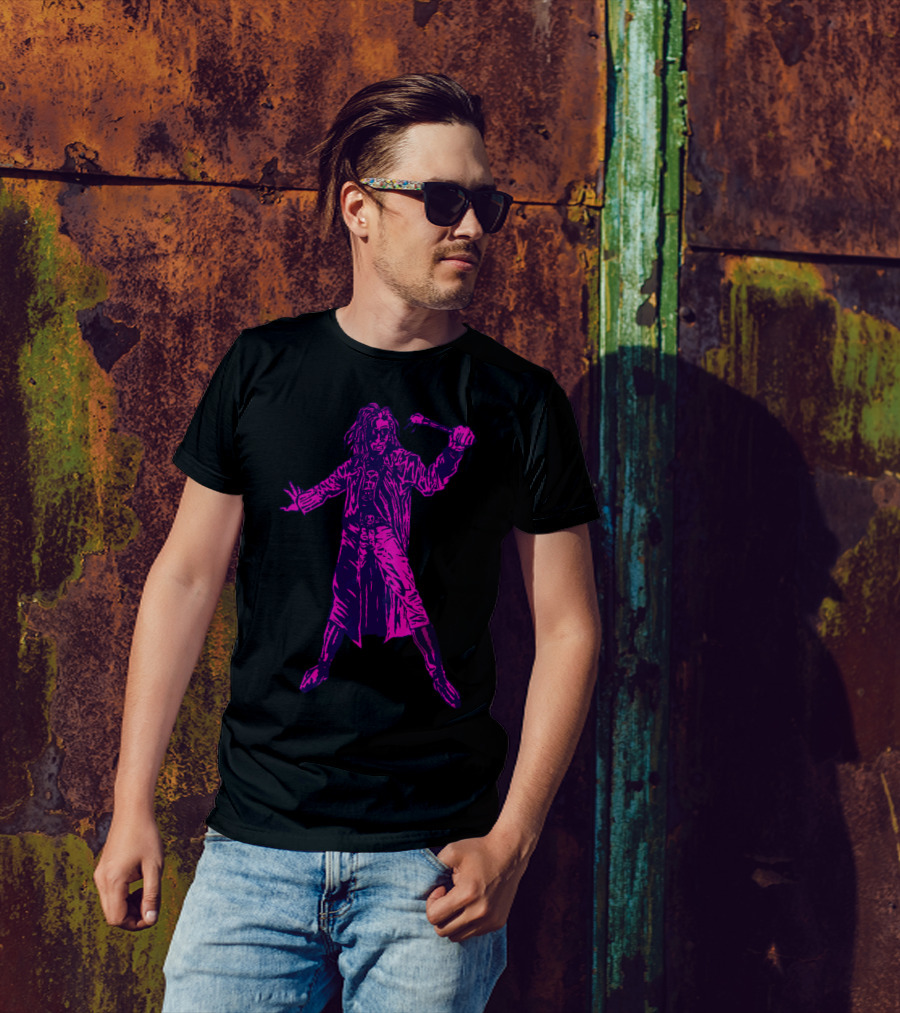 Art Rebel Neon Gothic Avenger With Trench Coat And Raised Club T-Shirt