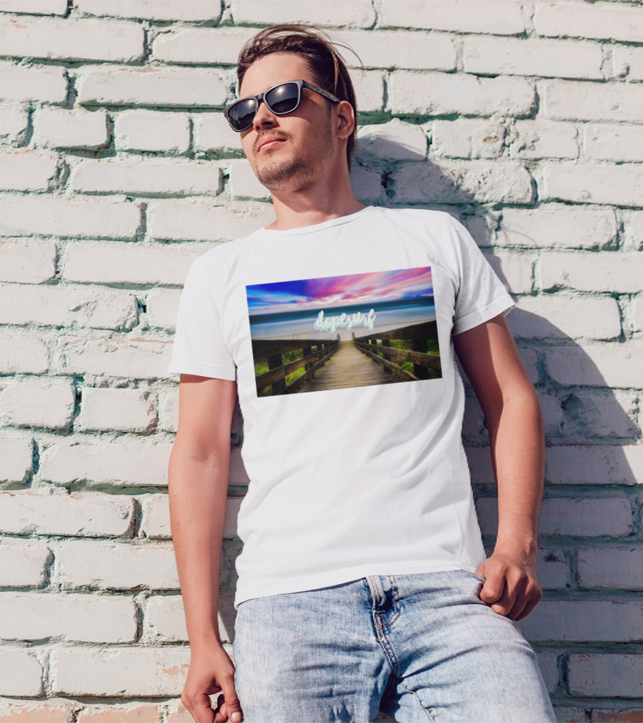Dopesurf Beachview Vibrant Sunset Walkway Ocean Perspective T-Shirt