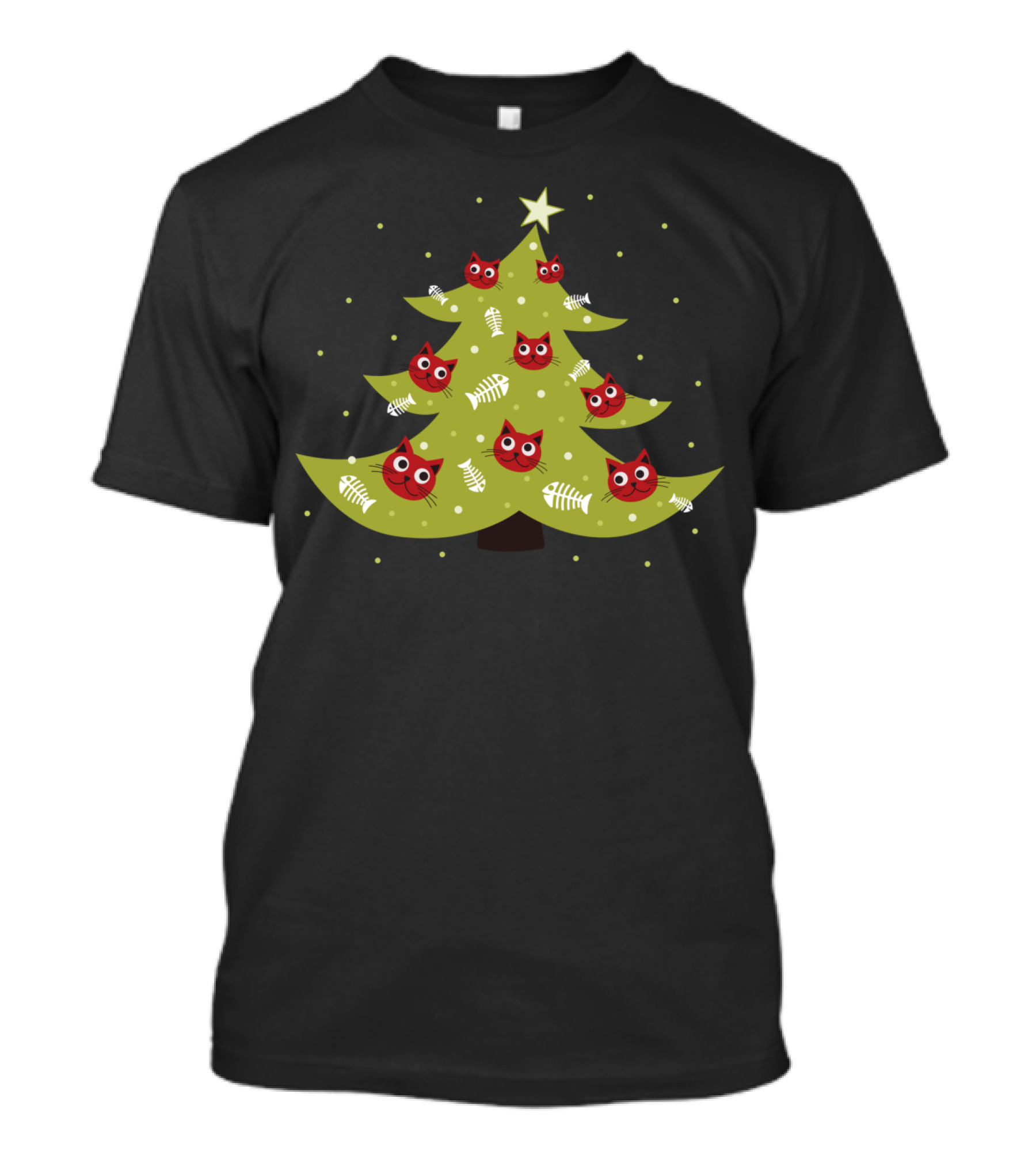 Cat Faces On Christmas Tree With Fish Bone Ornaments And Star Topper T-Shirt