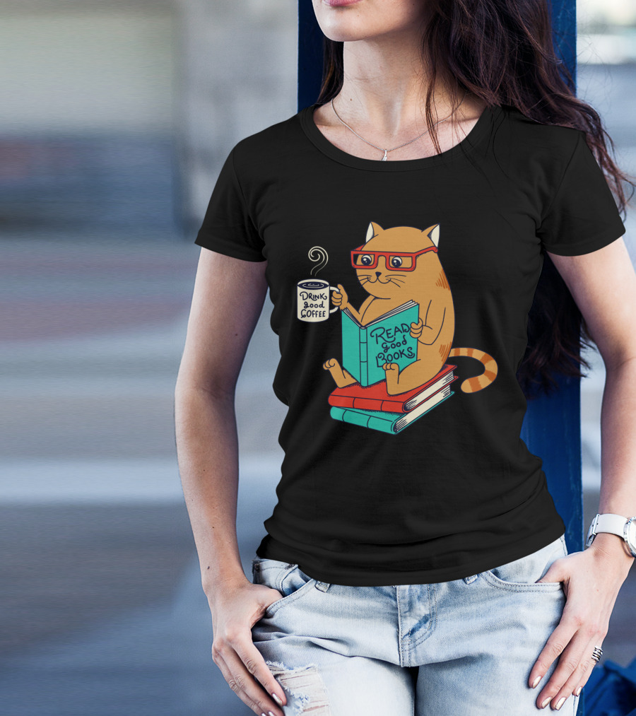 Read Good Books Drink Good Coffee Cat T-Shirt