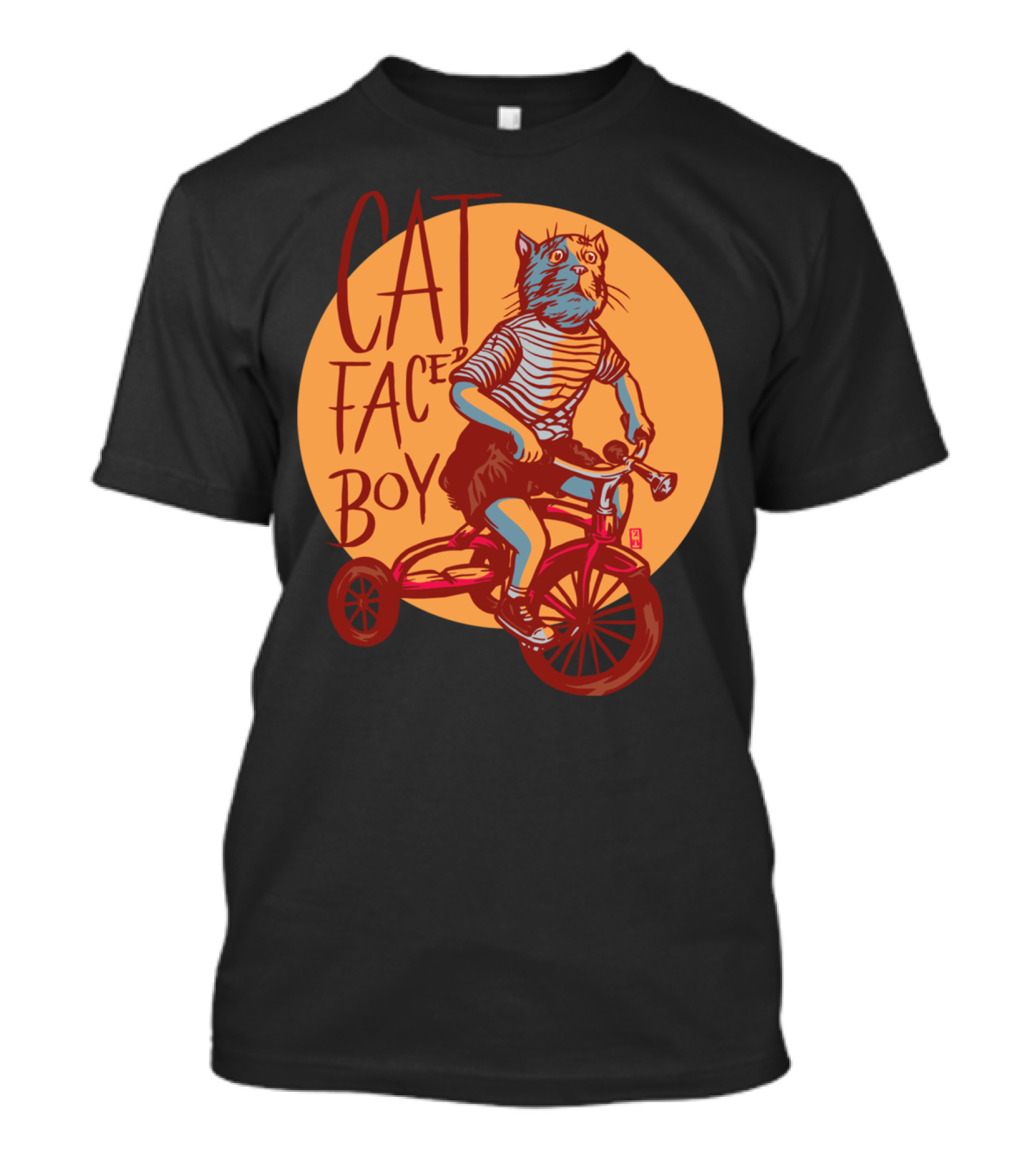 Cat Faced Boy Riding Tricycle In Striped T-Shirt