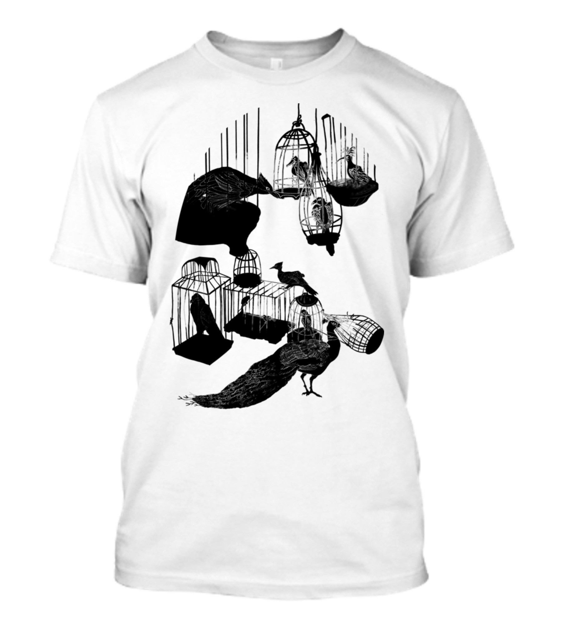 The Bird Room Caged Birds And Peacocks In Ornate Cages T-Shirt