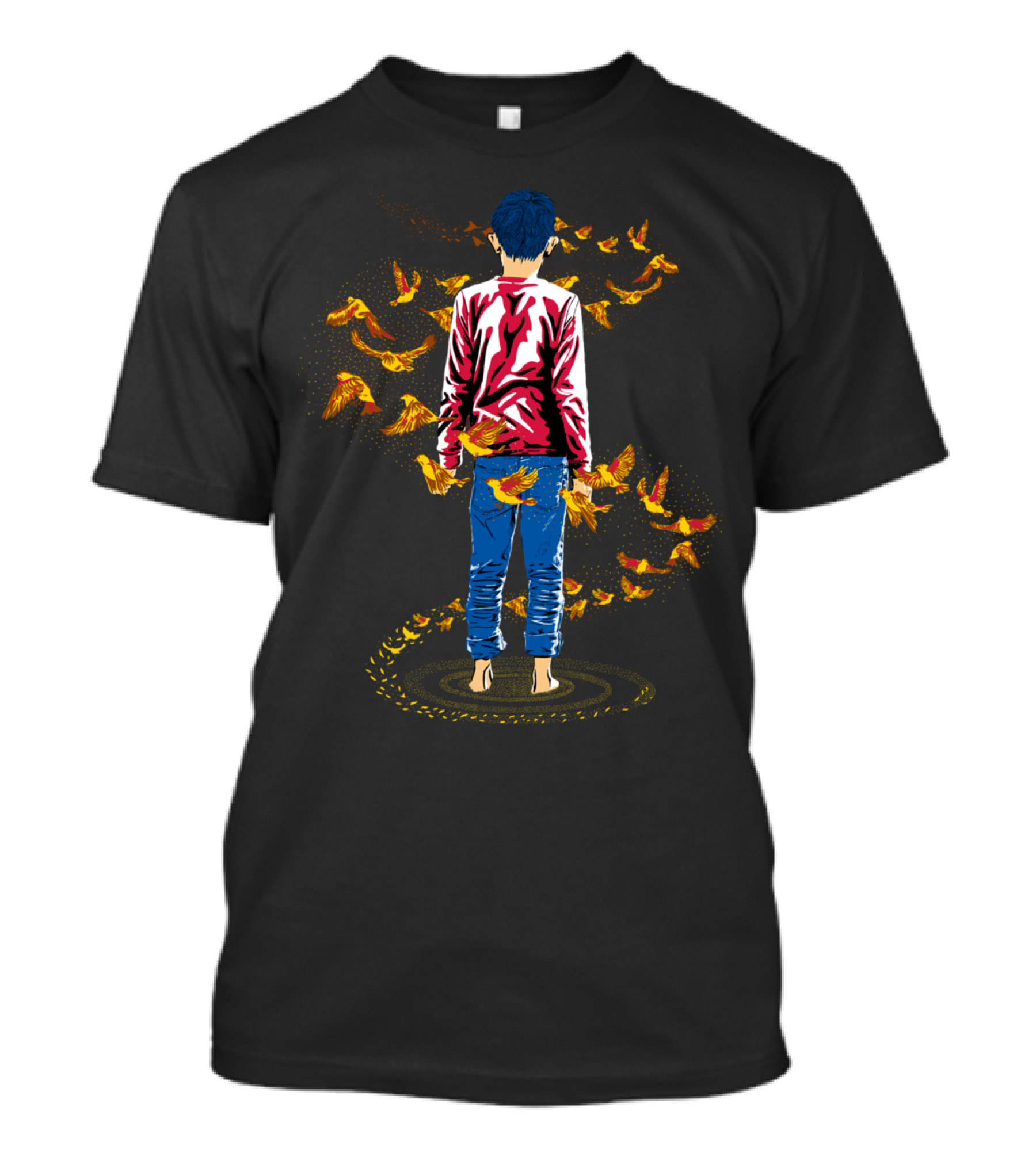 The Birds Flew Around Him Blue-Haired Barefoot Boy Surrounded By Yellow Birds T-Shirt
