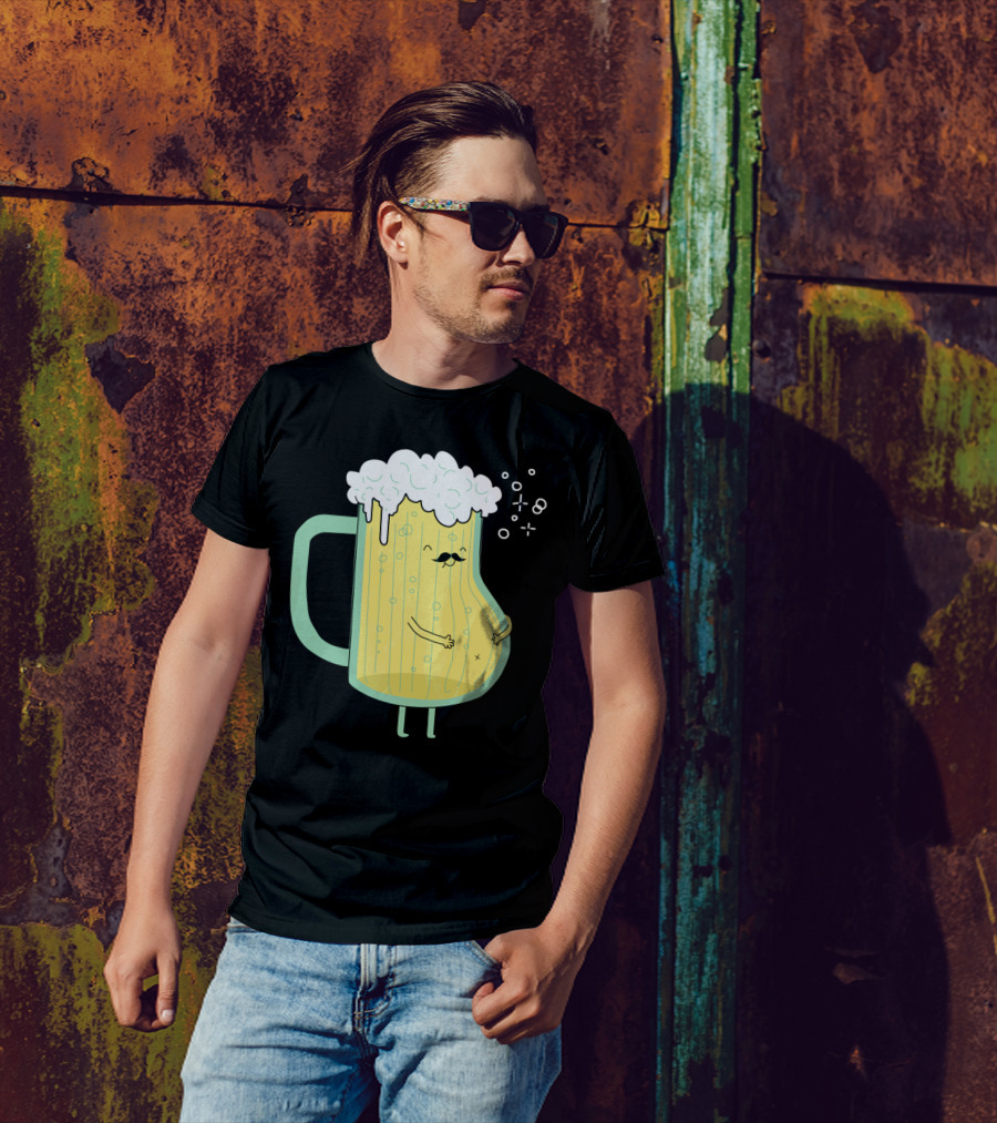 Beer Mug Cartoon Character With Foam Head And Mustache T-Shirt