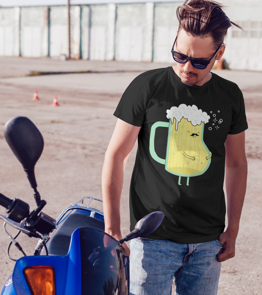 Beer Mug Cartoon Character With Foam Head And Mustache T-Shirt